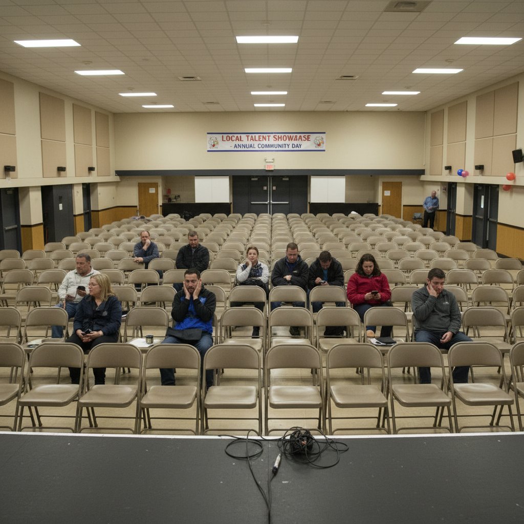 Zasmucona, prawie pusta sala w świetlicy podczas lokalnego spotkania, kilka osób siedzi znudzonych
