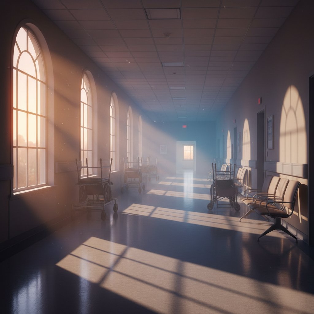 Opustoszały korytarz szpitalny o świcie