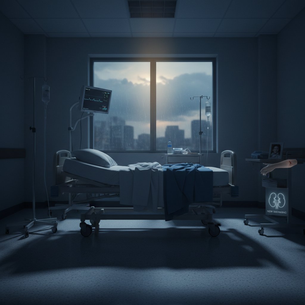 Pusty szpitalny pokój z jednym łóżkiem i chłodnym oświetleniem, symbolizujący oczekiwanie na przeszczep nerki