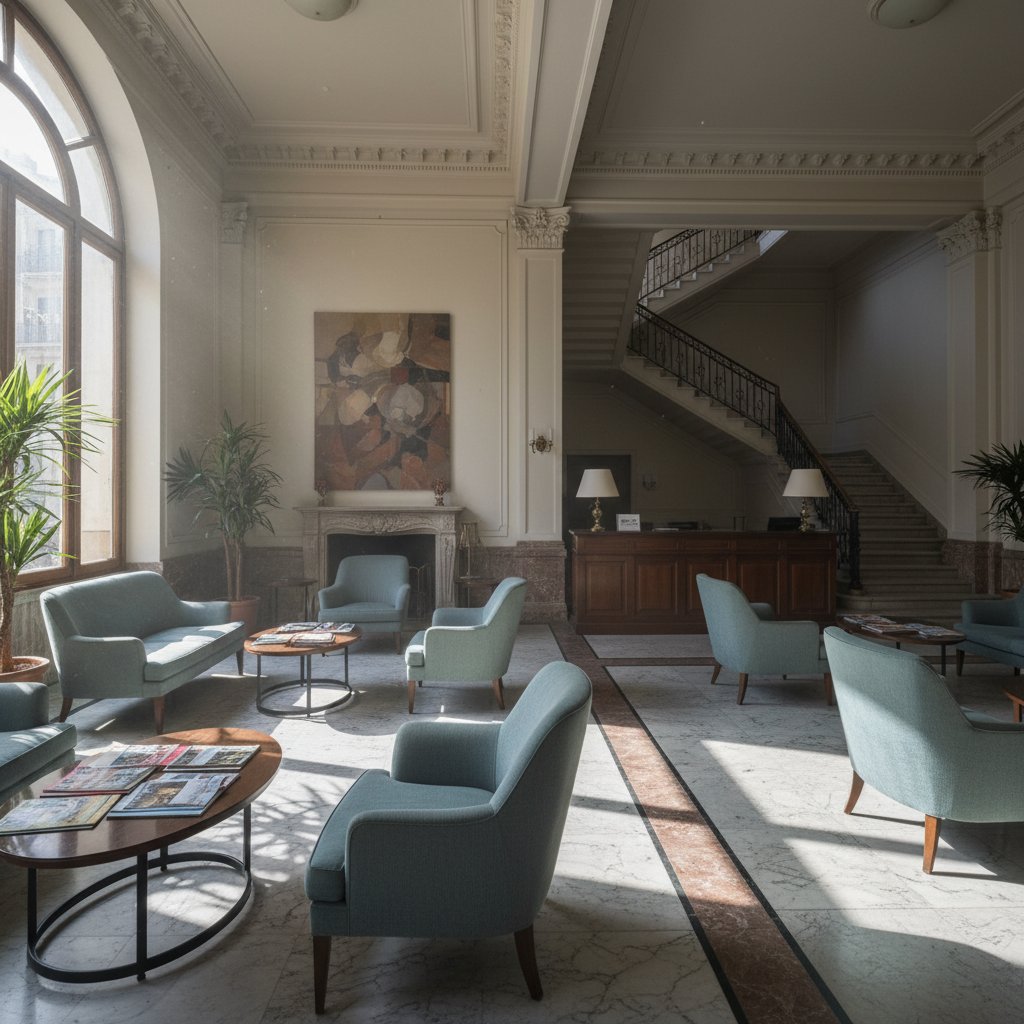 Pusty hol hotelowy poza sezonem z widoczną ciszą i brakiem gości