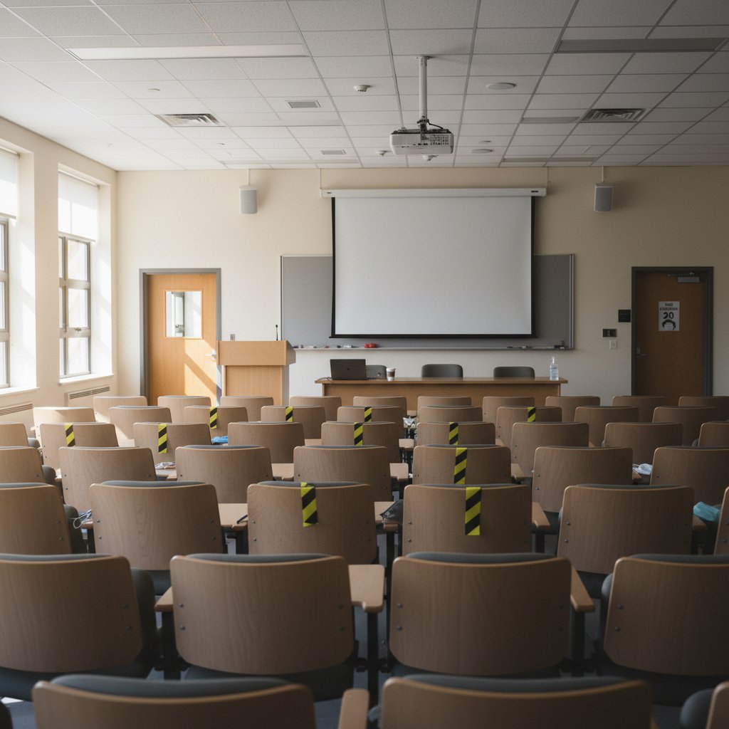 Pusta aula wykładowa symbolizująca przejście na studia online, laptop stojący samotnie na ławce, światło dzienne padające przez okno