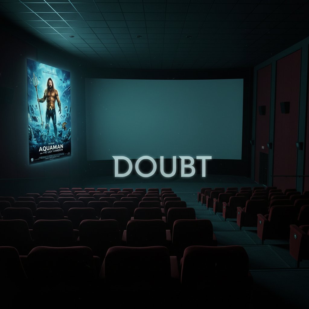 Empty movie theater with Aquaman poster, moody lighting, doubt, superhero movie skepticism