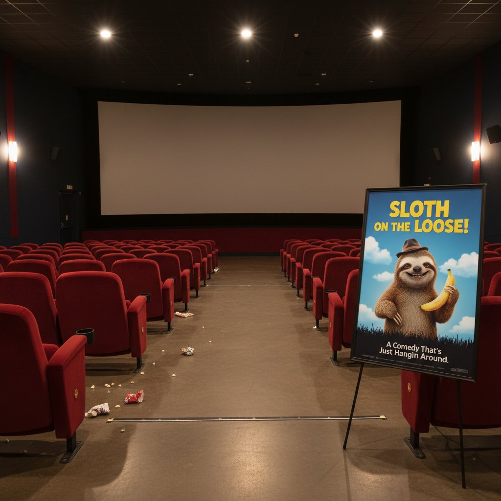 Empty movie theater with old comedy poster