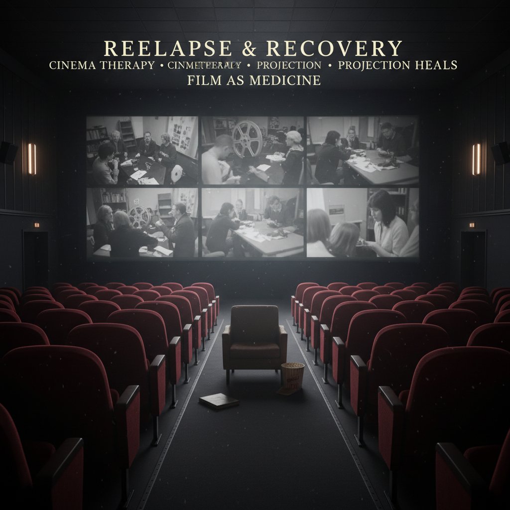 Wide shot of an empty movie theater, contemplative mood, symbolic of ongoing journeys, movie rehabilitation movies