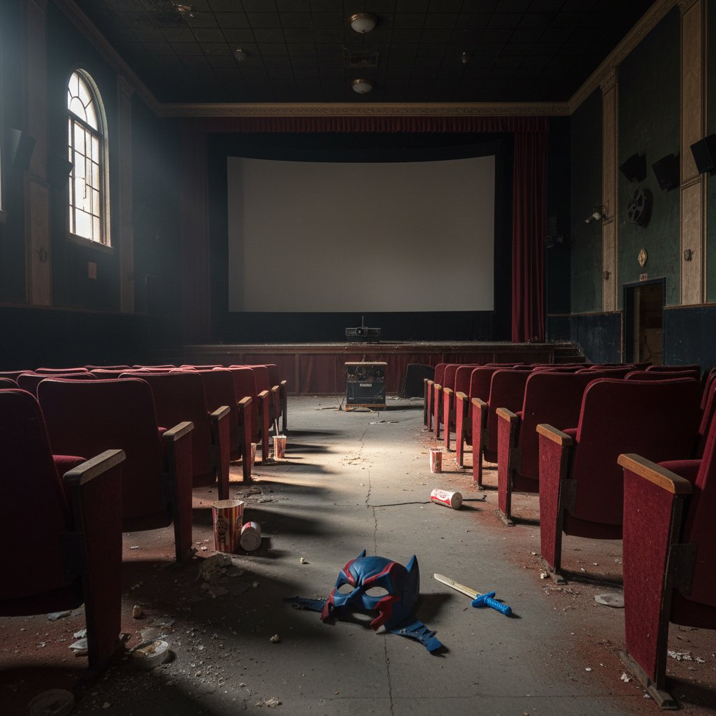 Empty movie theater with a discarded superhero mask on a seat, symbolizing Marvel fatigue