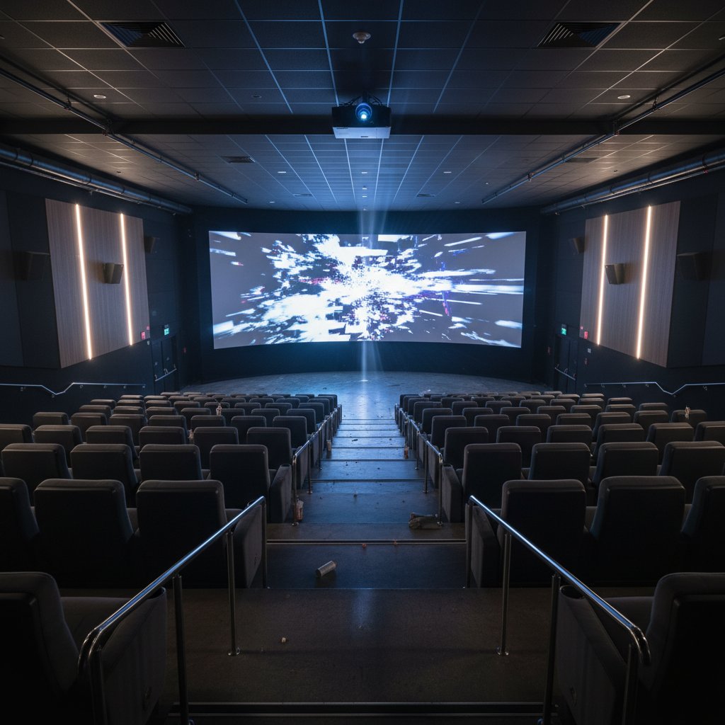 Empty theater with flickering screen, somber mood, modern design reflecting cinema loss due to simultaneous release