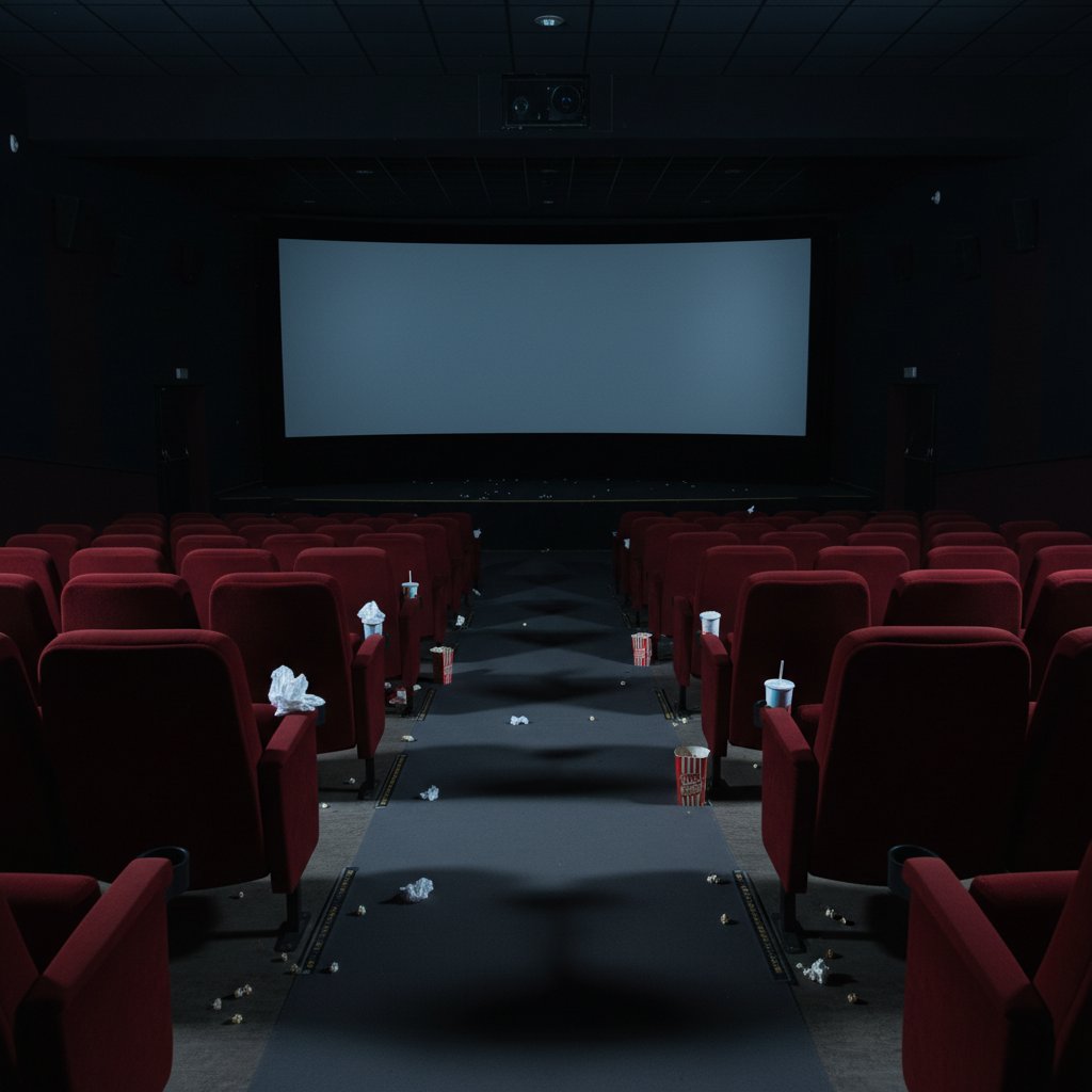 Empty movie theater post-screening, lingering tension, dimly lit, contemplative, soft focus, high contrast