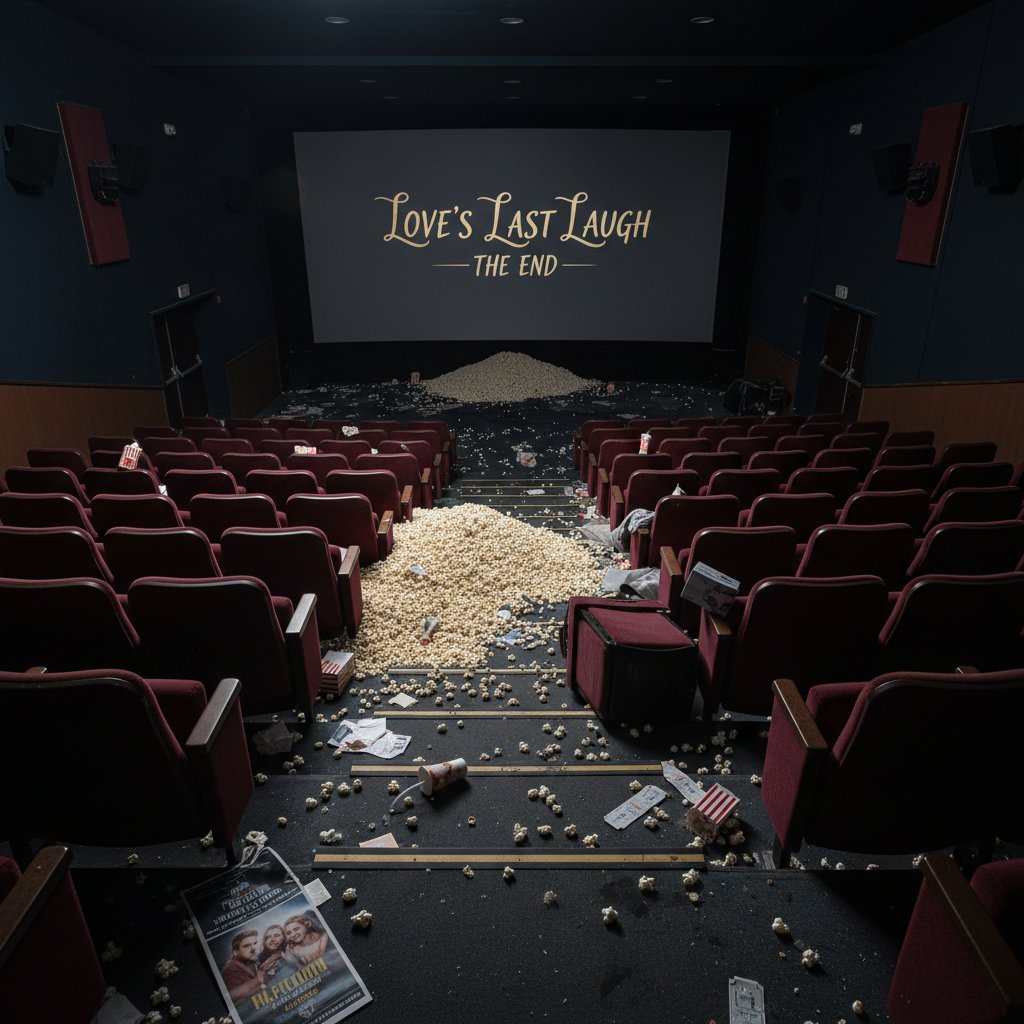 Empty movie theater with popcorn spilled on a seat, reflecting failed romantic comedy movies