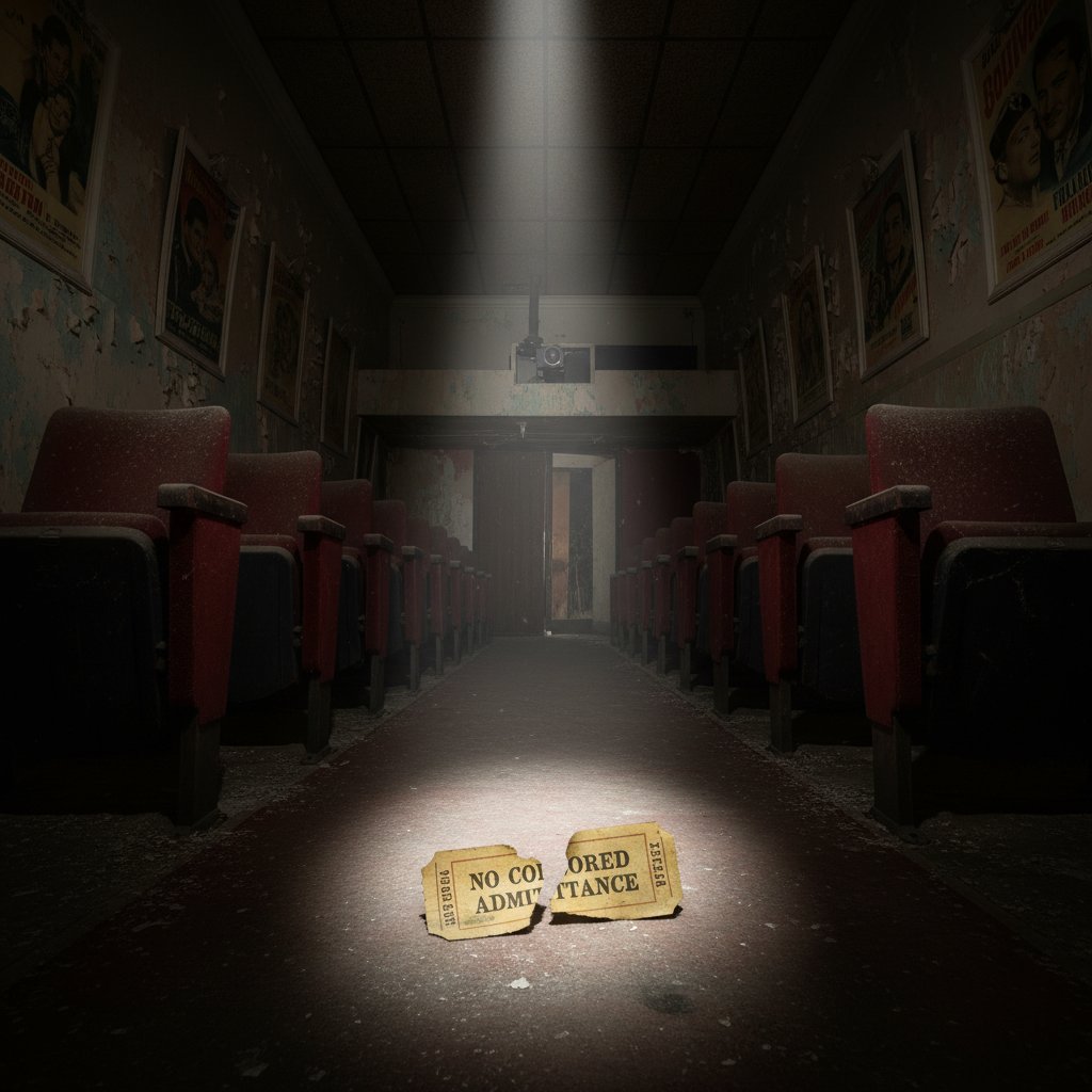 Empty movie theater with spotlight on a torn 'Racism' ticket, faded posters of iconic racism movies