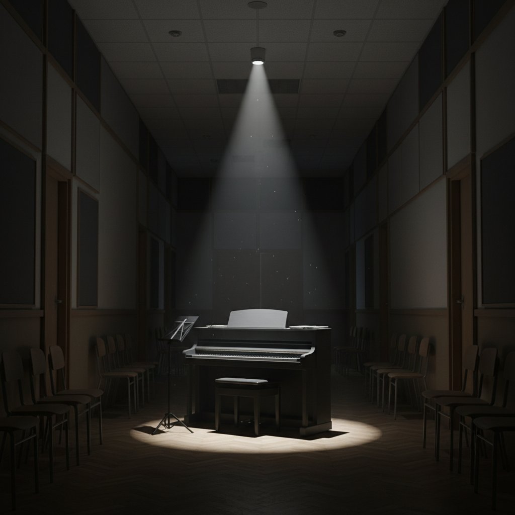 Opuszczona sala muzyczna z cyfrowym pianinem pod światłem – symbol przemiany lekcji na naukę online