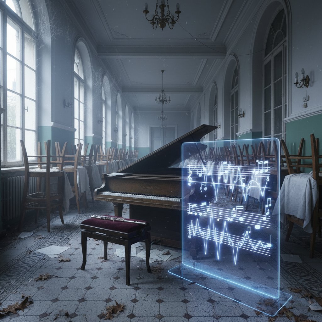 Pusta sala muzyczna z fletem i ekranem laptopa – symbolem nauki online