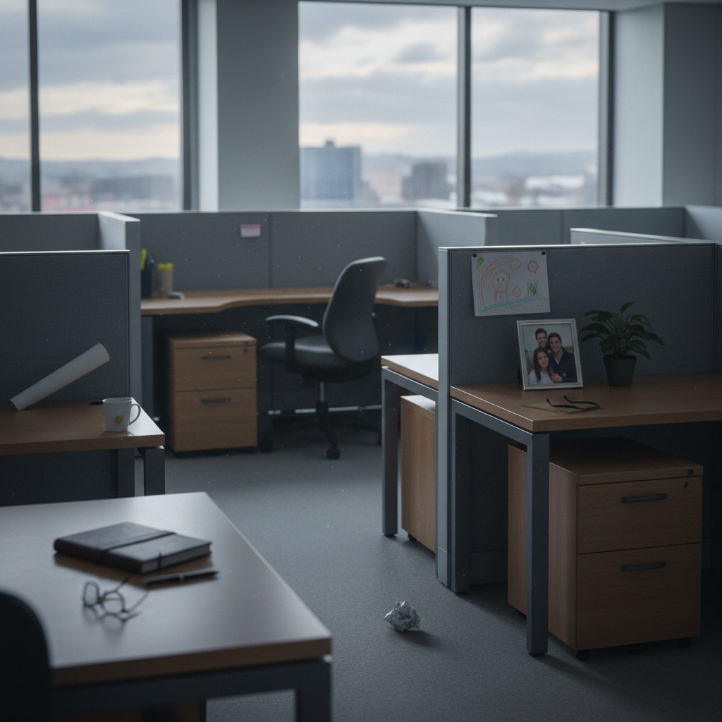 Puste biuro, jedno biurko z osobistymi przedmiotami, smutny nastrój, symbol kosztów wykluczenia