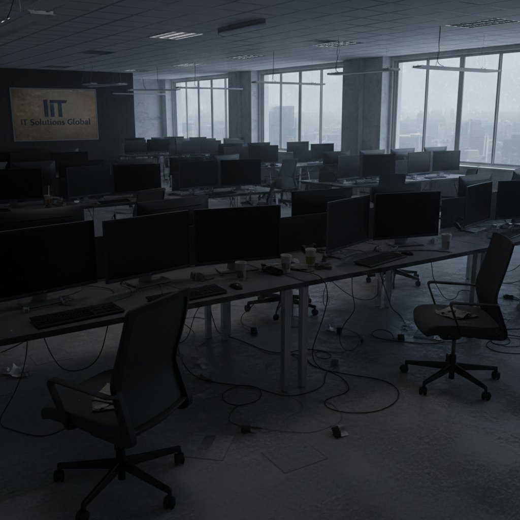 Pusty open space firmy IT, na ekranach wygaszone komputery, atmosfera przegranej