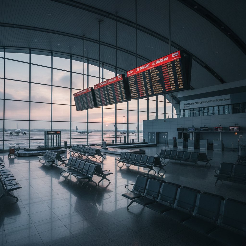 Pusty terminal lotniczy w Polsce o świcie, tablica odlotów pokazuje „anulowane” na czerwono – ilustracja chaosu lotniczego