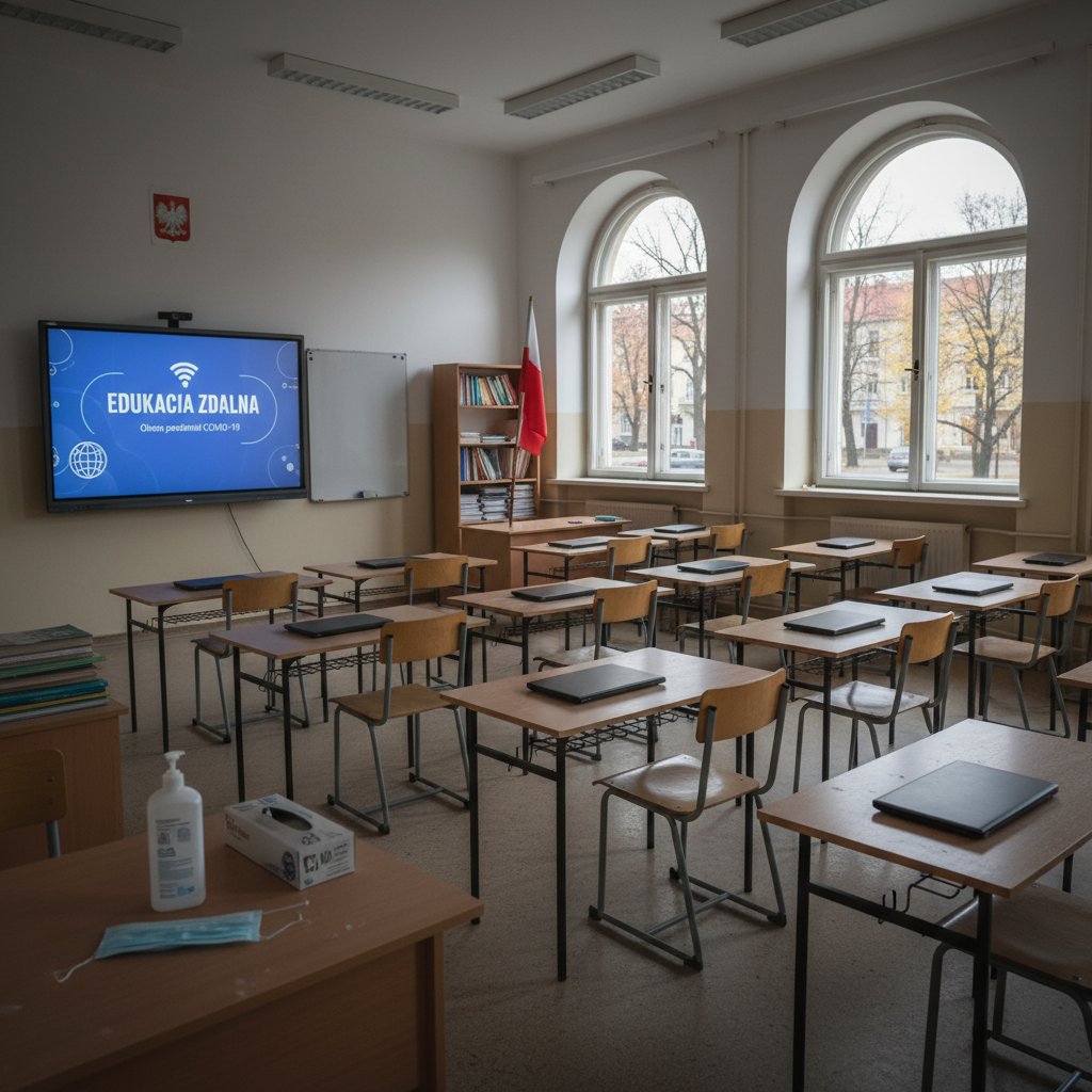 Opuszczona polska klasa z pustymi ławkami, świecący ekran na tablicy, atmosfera zmiany