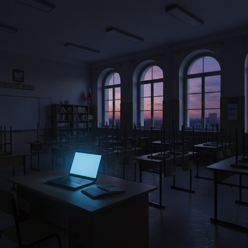 Pusta klasa z laptopem symbolizującym naukę online