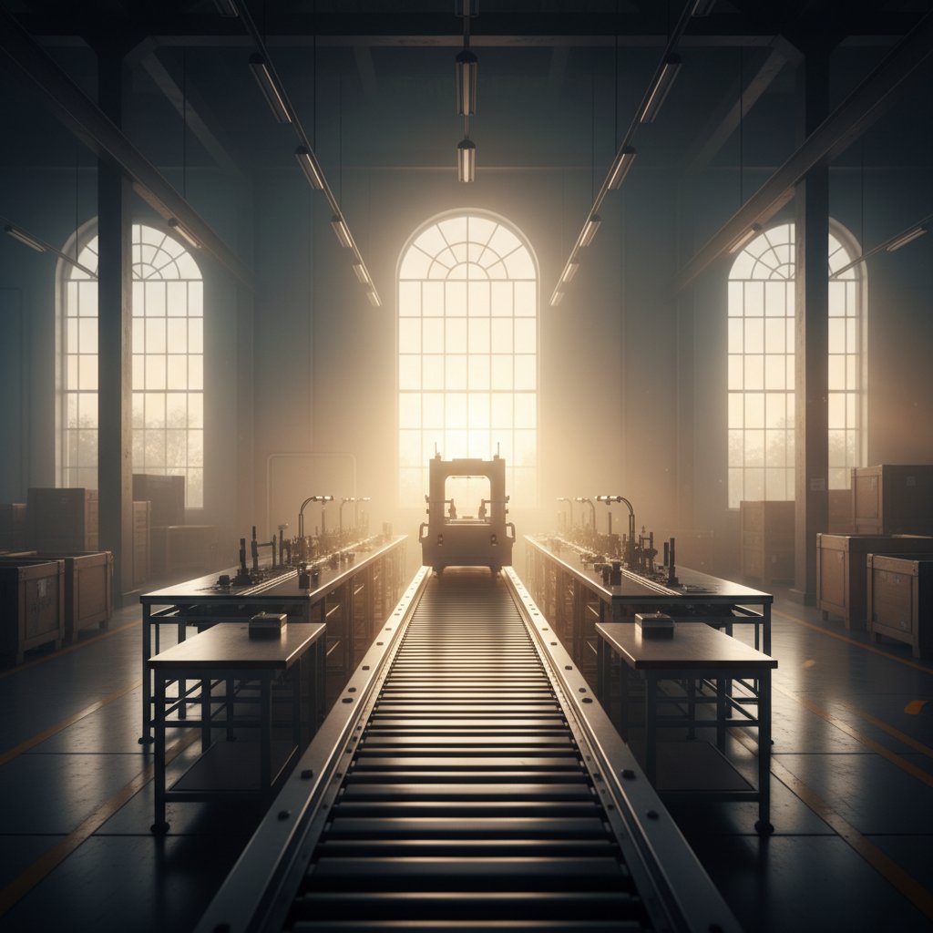 Pusta hala produkcyjna o świcie – nowy początek, światło i symbolika świeżego startu