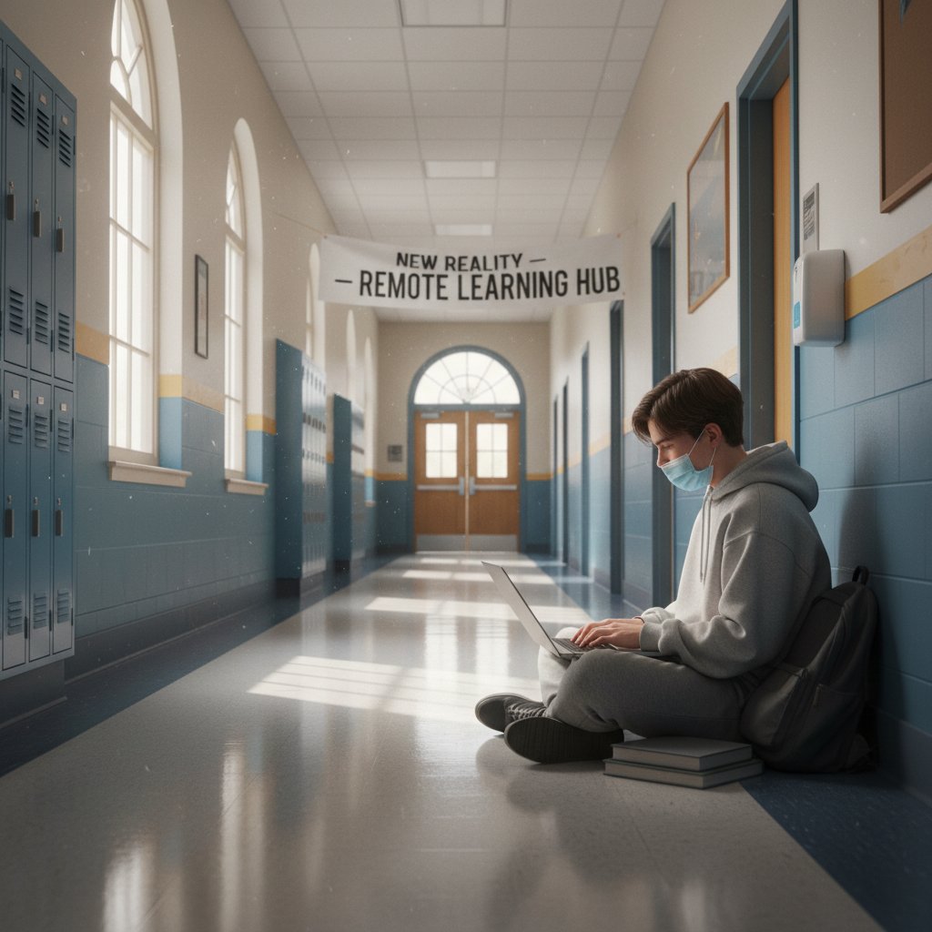 Pusty budynek szkoły, uczeń korzystający z laptopa w domu, era pandemii, nowa rzeczywistość korepetycji