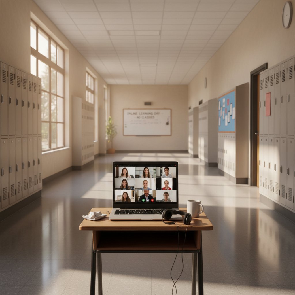 Pusty korytarz szkolny z laptopem symbolizującym przejście na naukę online