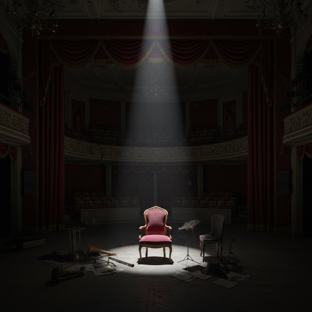 Empty school theater with spotlight on a single seat, mysterious mood, high school comedy movie, hidden gems