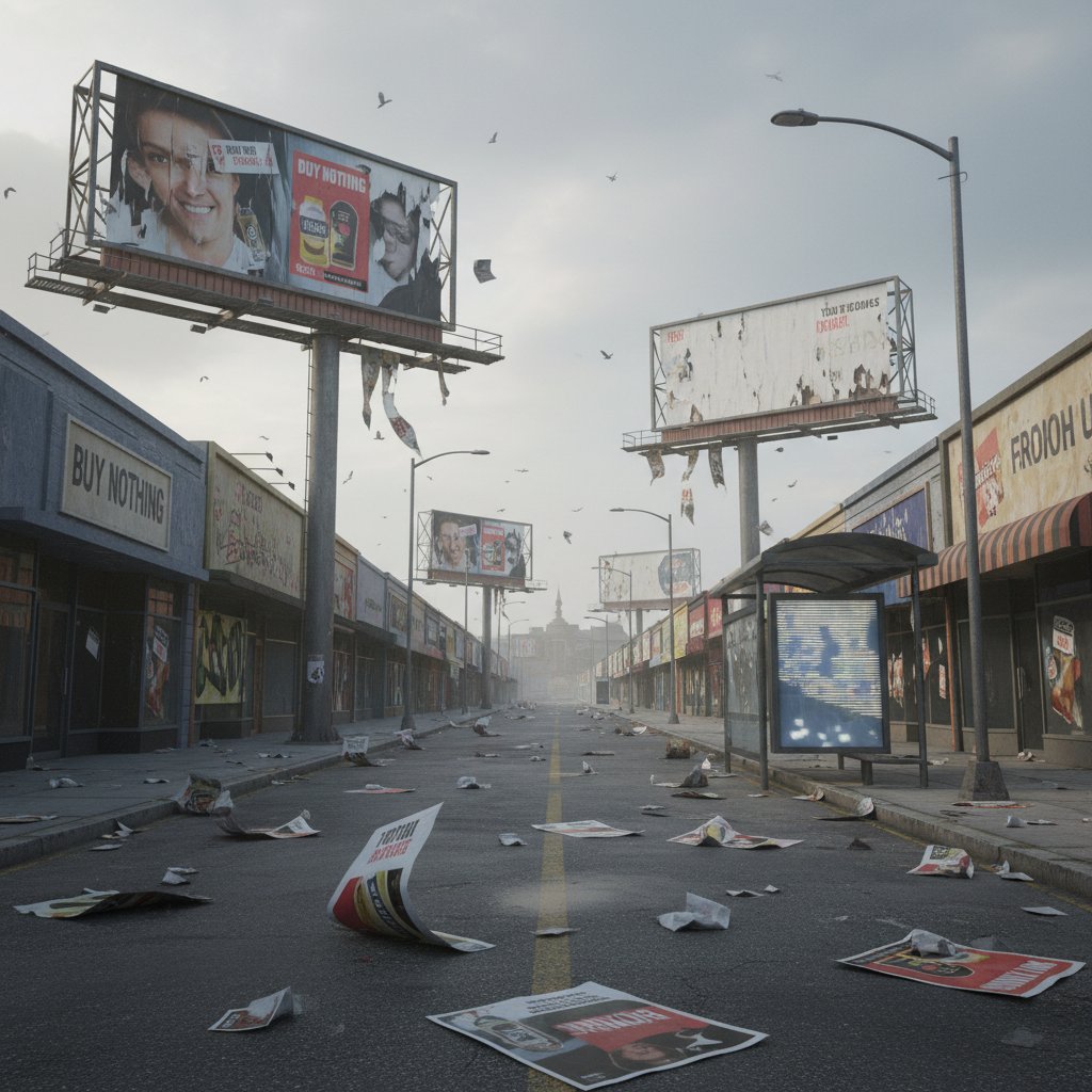 Zdjęcie pustej ulicy z billboardem reklamowym, słowa kluczowe: porażka kampanii, nieskuteczna reklama, polski rynek