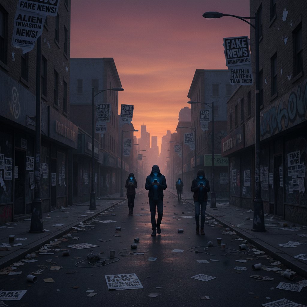 Wyludniona ulica z plakatami fake newsów, zestresowani przechodnie z telefonami w ręku