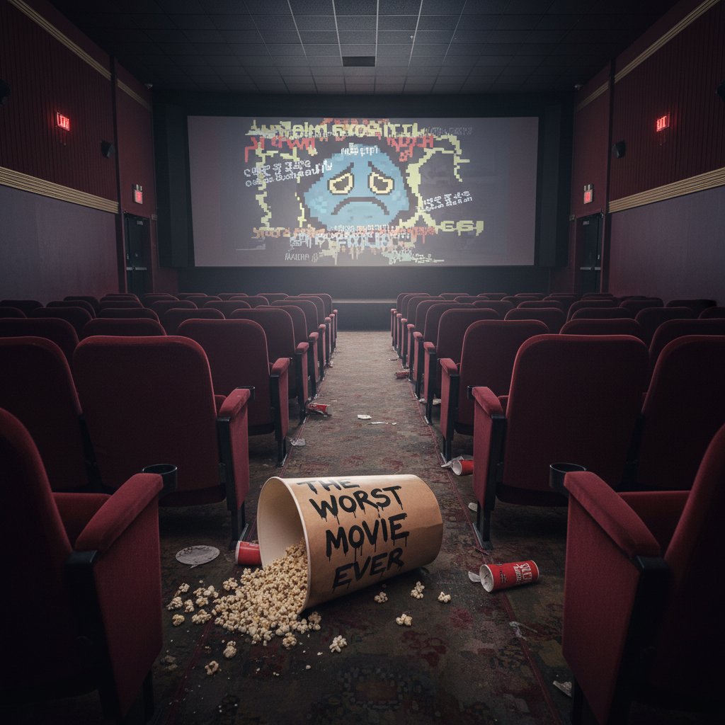 A deserted cinema after a public screening of a universally panned film, empty seats, and a lone popcorn bucket symbolize box office disasters