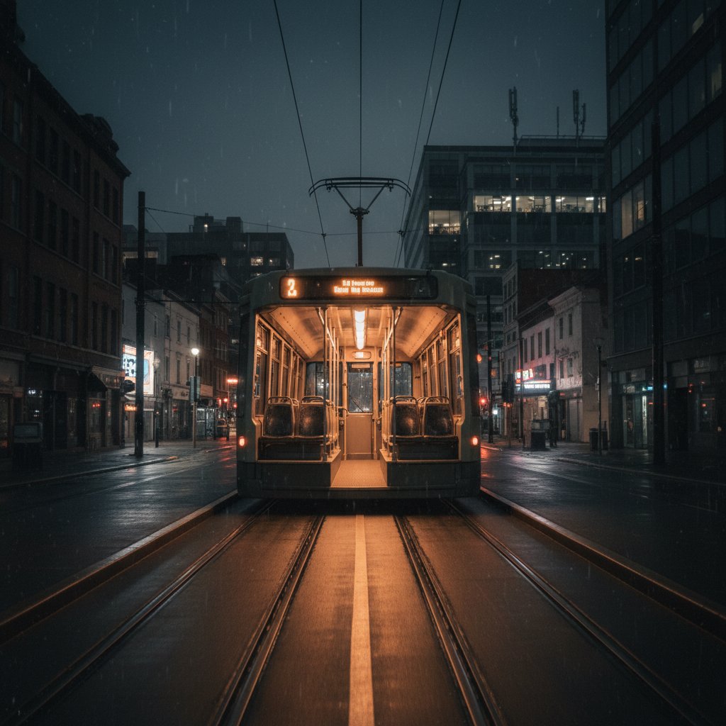 Opuszczony tramwaj nocą jako symbol samotności w mieście, rozmowy online na dobry nastrój