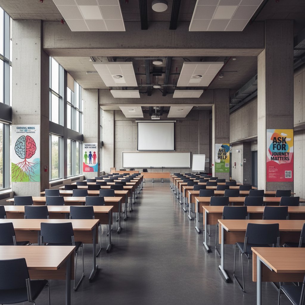 Sala uniwersytecka z plakatami reklamującymi wsparcie psychologiczne, pusta, atmosfera dystansu