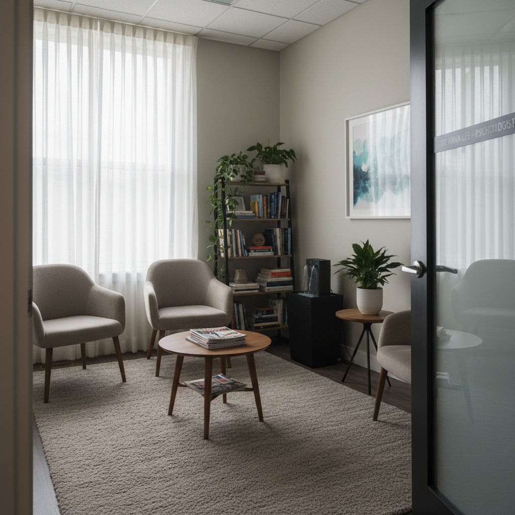 Pusta poczekalnia u psychologa symbolizuje rosnący dystans Polaków do tradycyjnej terapii.