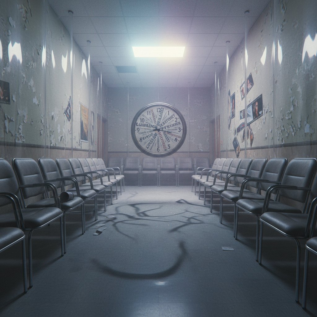 Symbolic image of limbo: an empty, timeless waiting room for movie purgatory movies and existential waiting themes