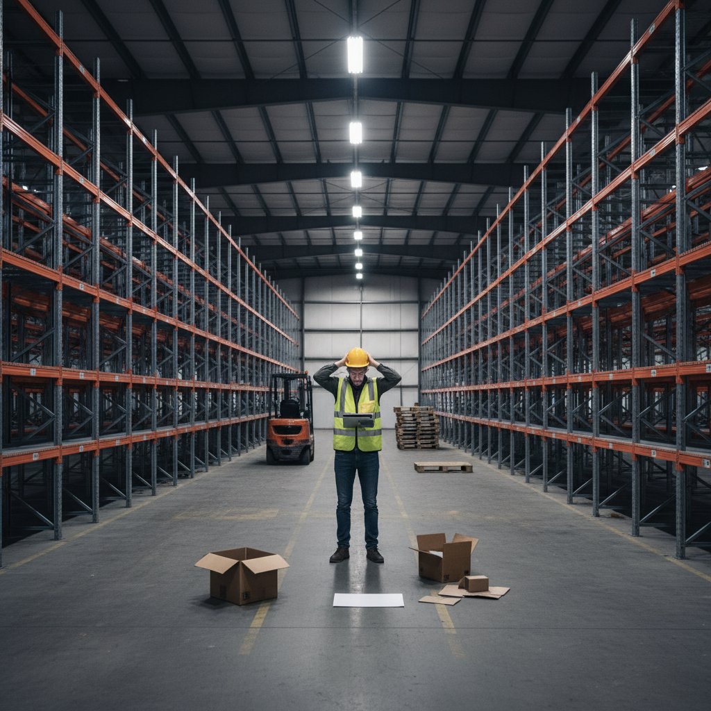 Zaciemniona hala magazynowa z pustymi regałami, na pierwszym planie sfrustrowany pracownik