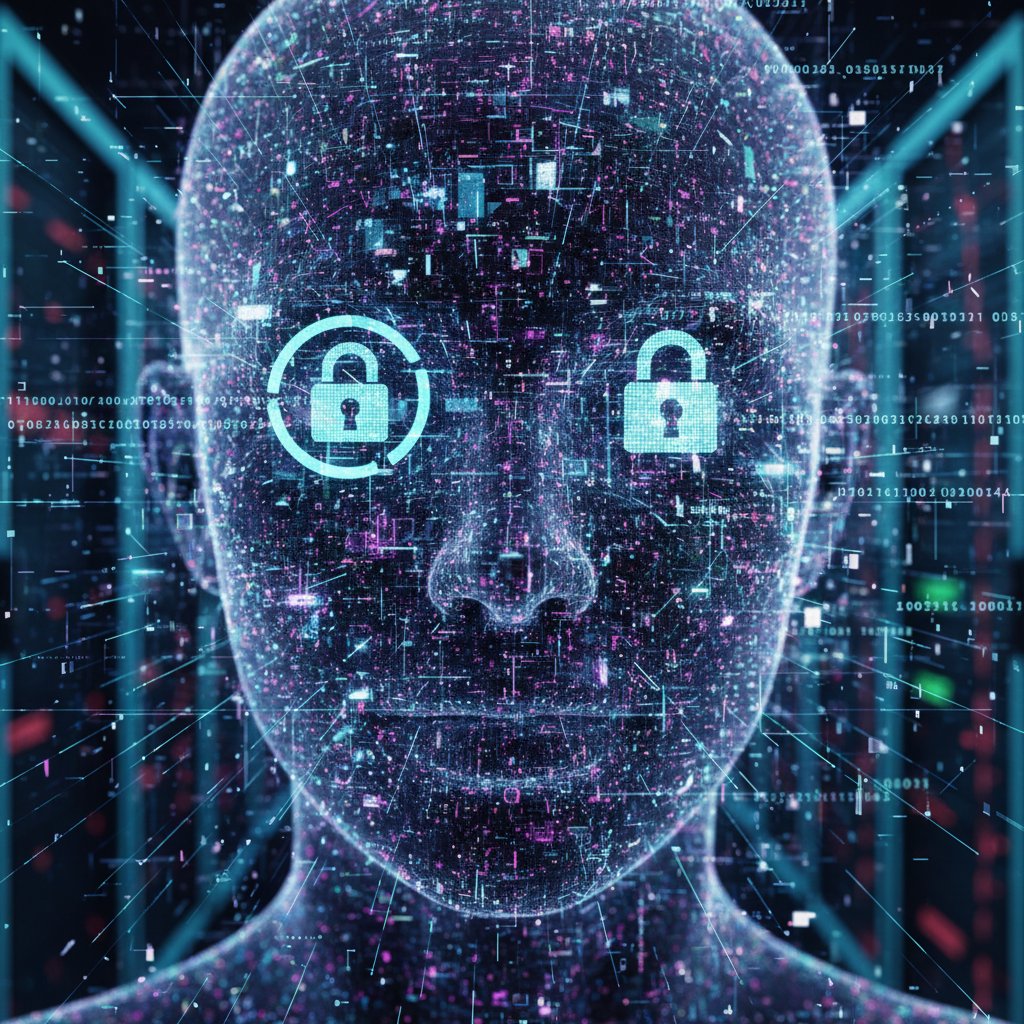 Kontrastowe zdjęcie twarzy z nałożonymi szyfrowanymi danymi i motywami anonimowości