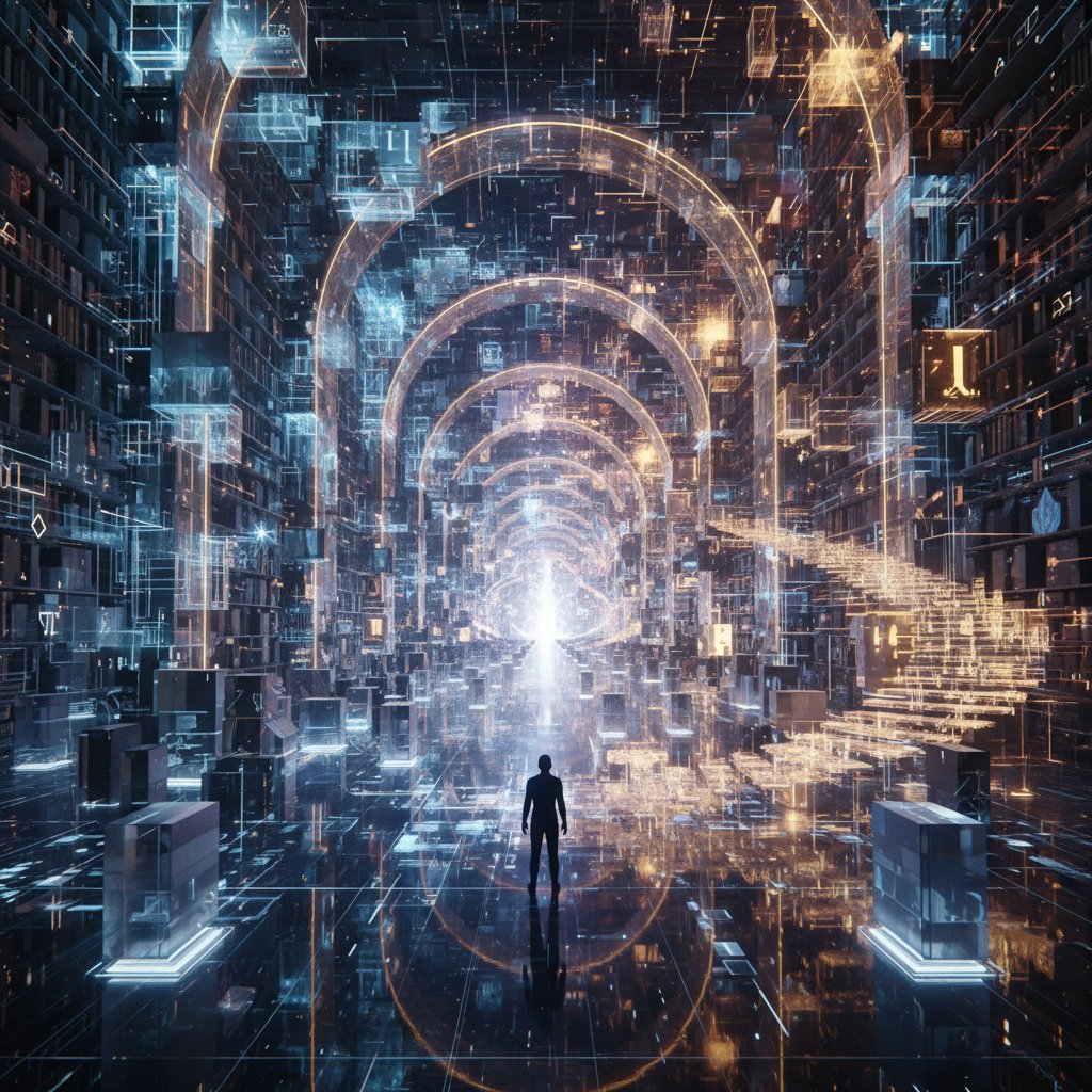 The illusion of limitless literature in digital research, endless digital library shelves fading into vanishing point.