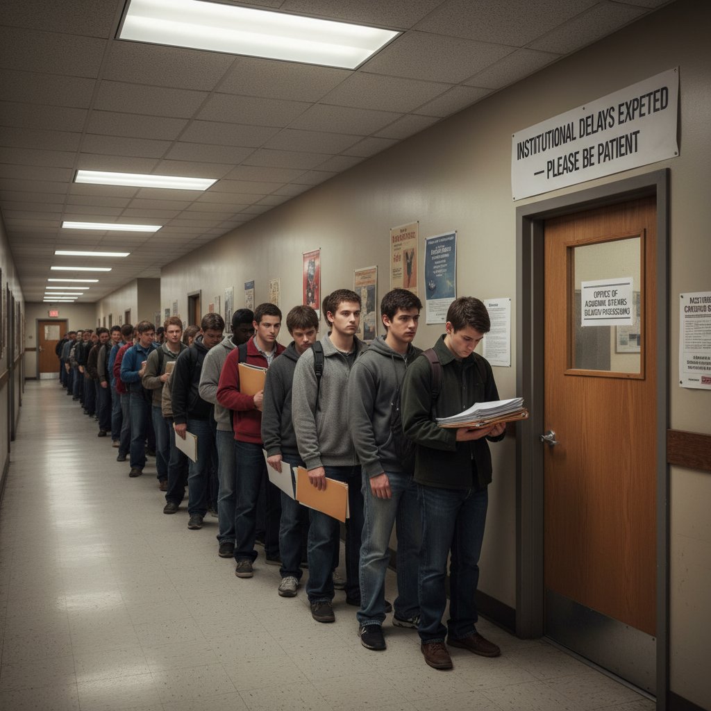 Endless line of students waiting outside an office door, papers in hand, under flickering lights, symbolizing bureaucratic thesis research delays