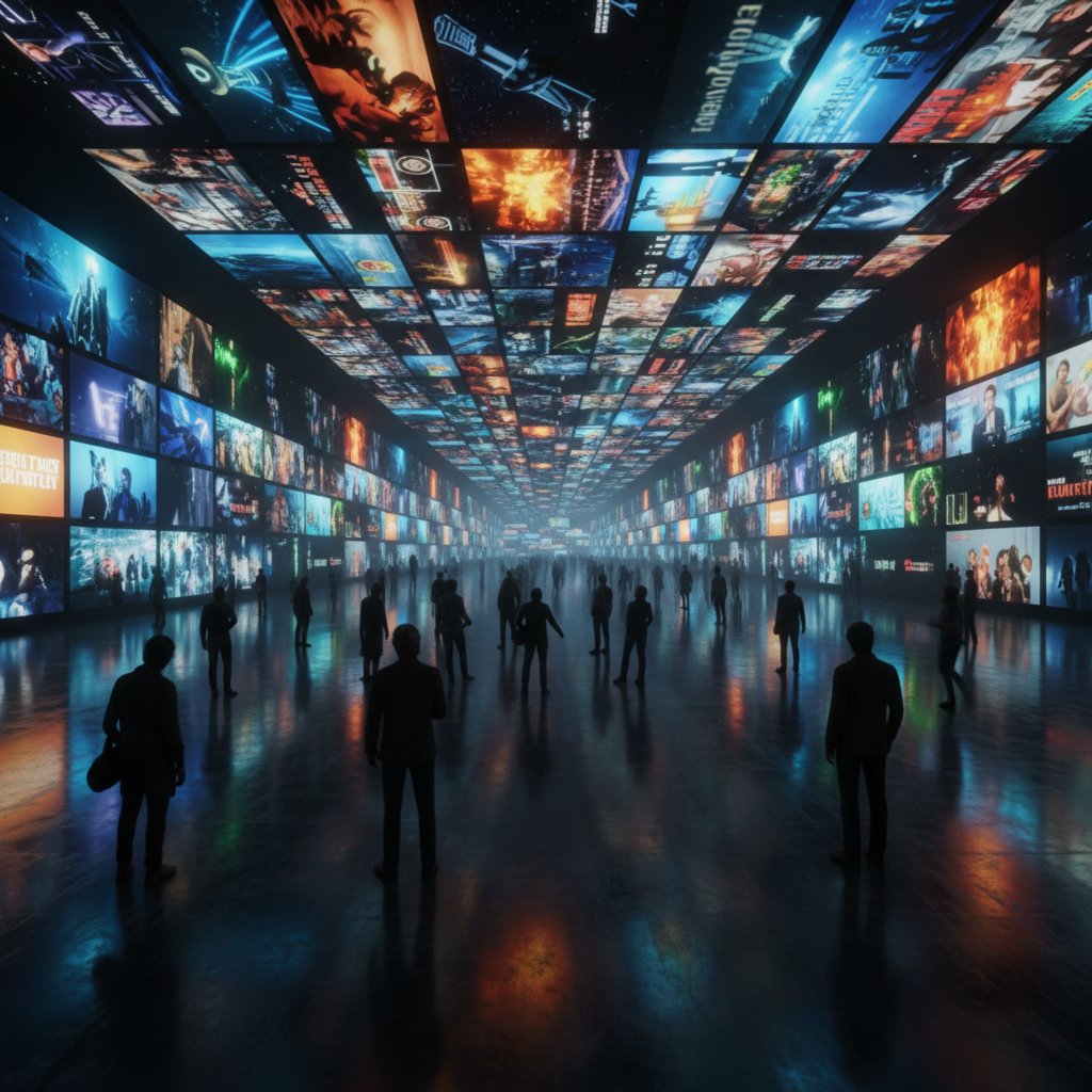 Over-the-shoulder view of endless movie thumbnails on a glowing screen, illustrating the paradox of choice in movie discovery