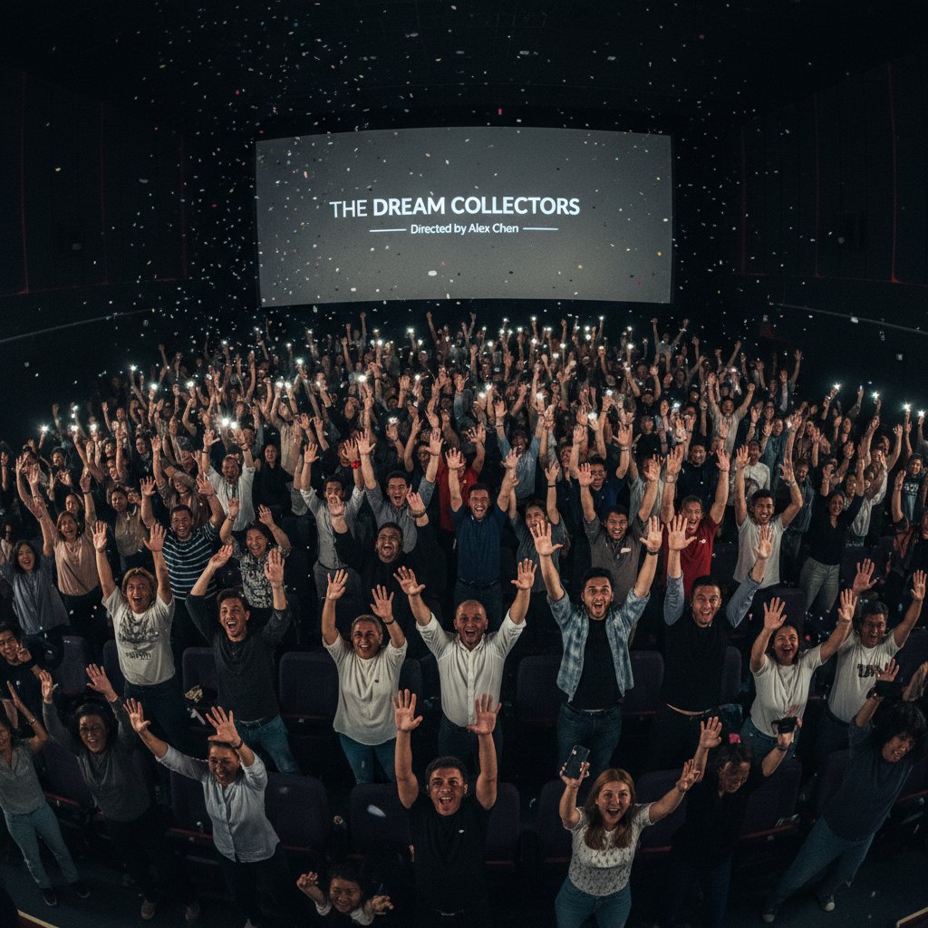 A crowd of passionate fans with phones raised, cheering for an indie film project