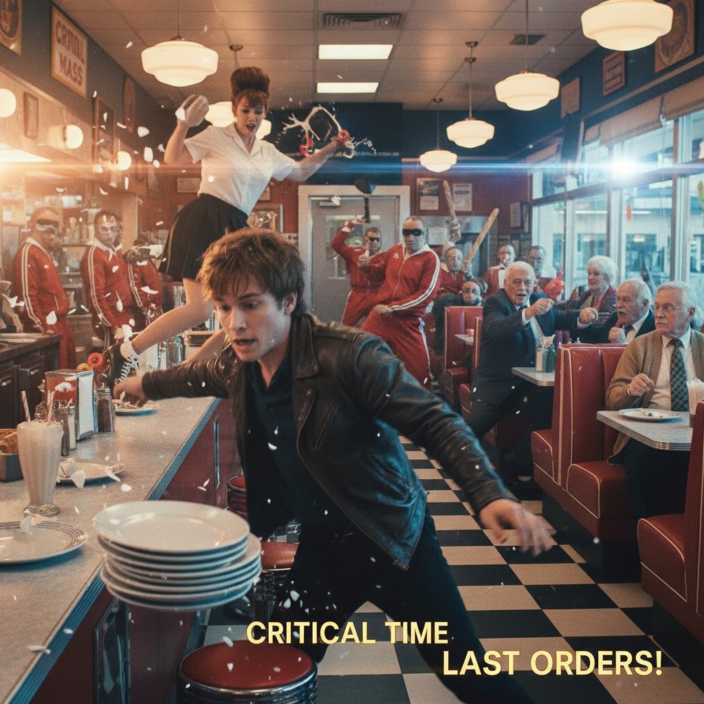 Energetic movie scene, fast camera movement, actors in motion, edgar wright film style