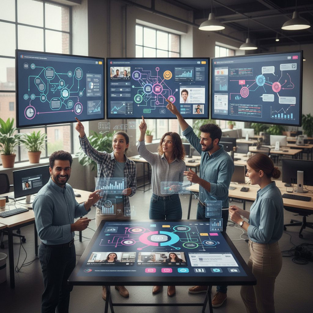 Energized team collaborating around laptops and digital whiteboards in a bright, high-energy office