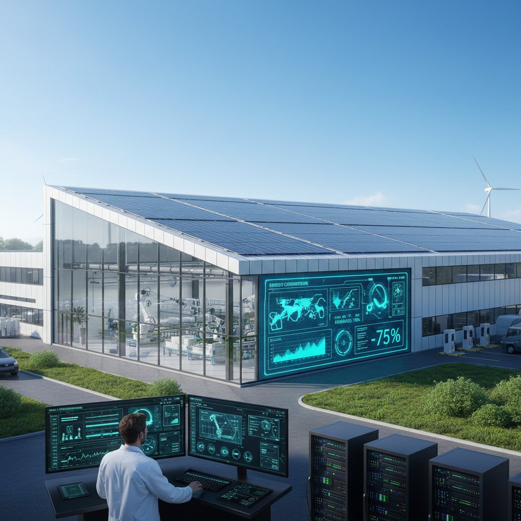 Nowoczesna fabryka energooszczędna z panelami słonecznymi i cyfrowym sterowaniem