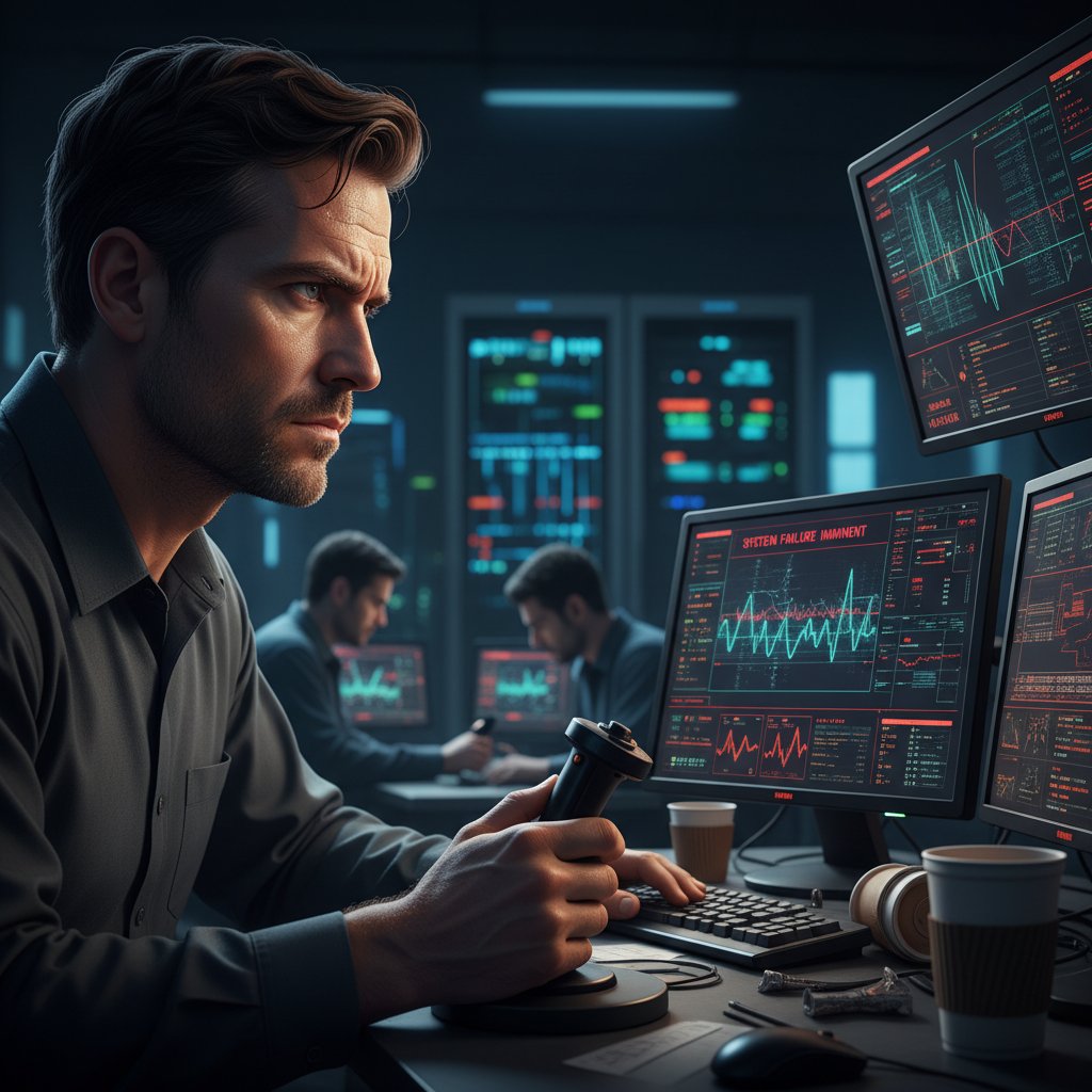 Operator przy pulpicie sterowania, z widocznym napięciem i skupieniem podczas symulacji