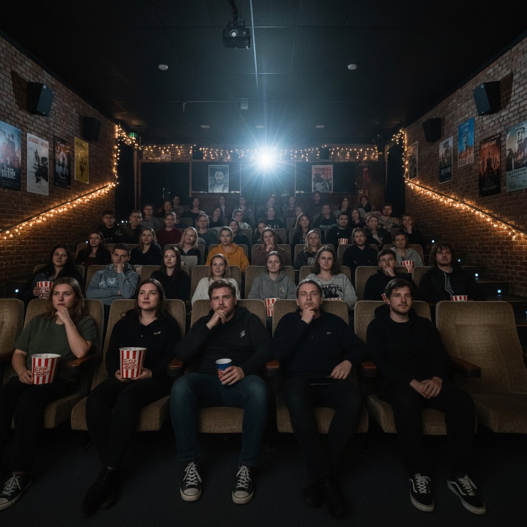 Engaged audience watching a film in an indie cinema, representing movies with strong female leads discovery