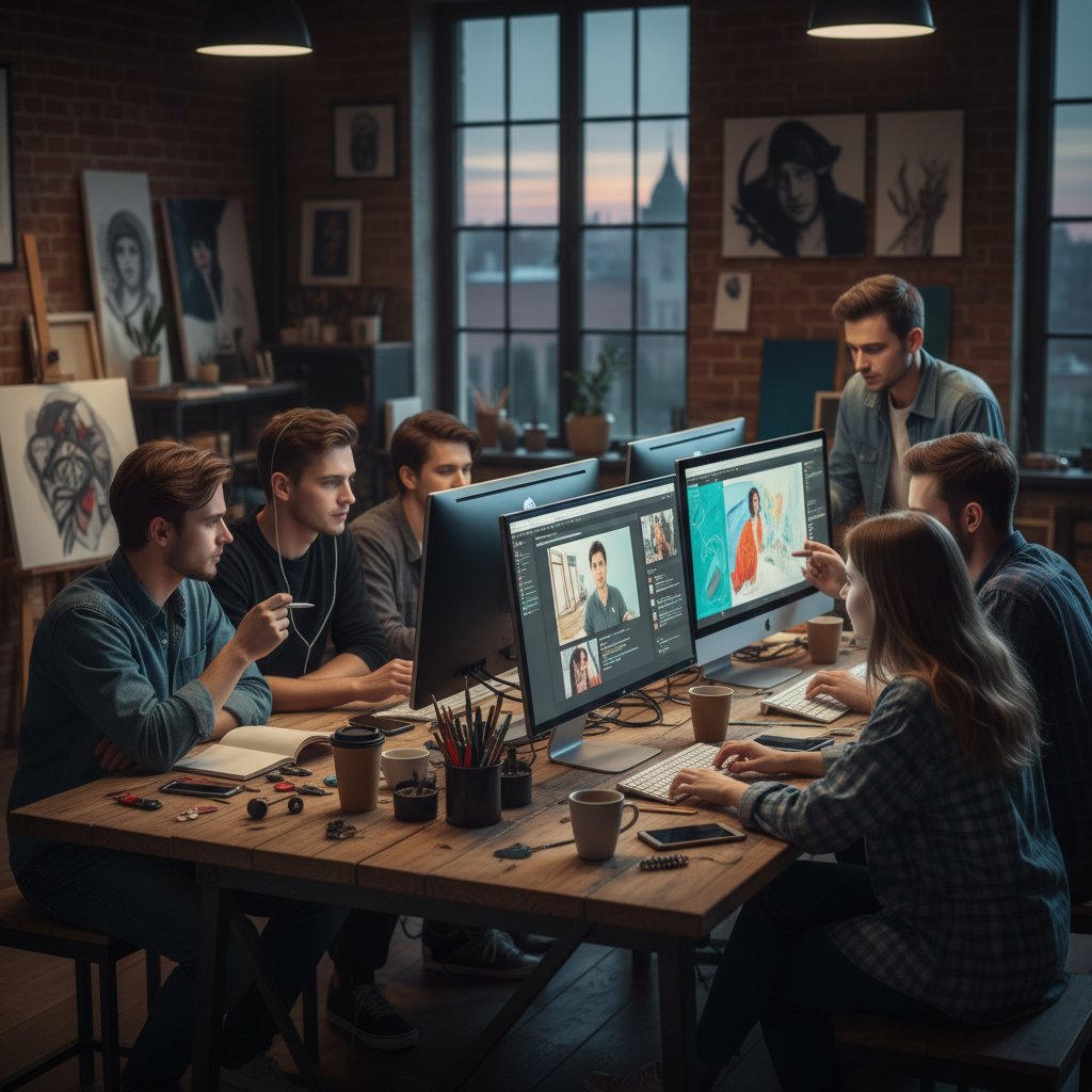 Zaangażowana grupa młodych polskich artystów, ekrany świecące, współpraca online