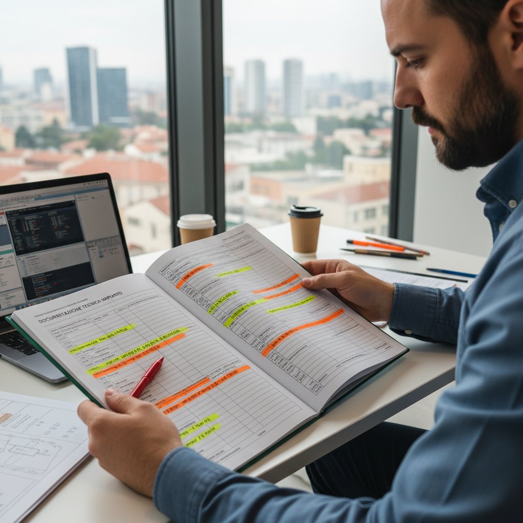 Inżynier analizuje włoską dokumentację z zaznaczonymi frazami technicznymi