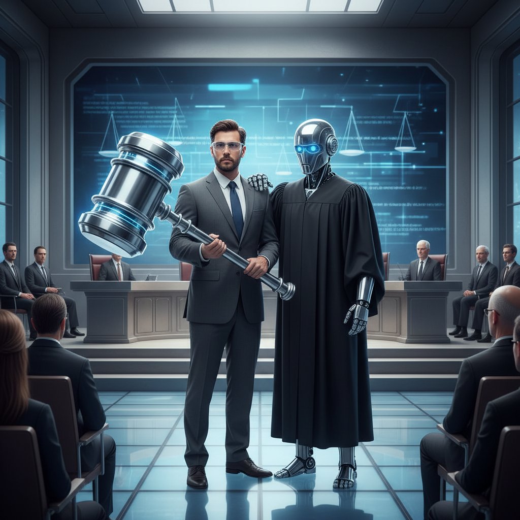 Symboliczna scena: inżynier przekazujący sędziowski młotek humanoidalnemu robotowi w sądzie