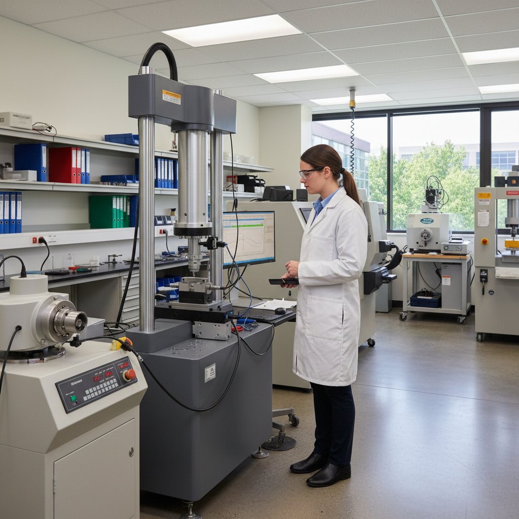 Inżynier testujący komponent mechaniczny na stanowisku testowym w laboratorium