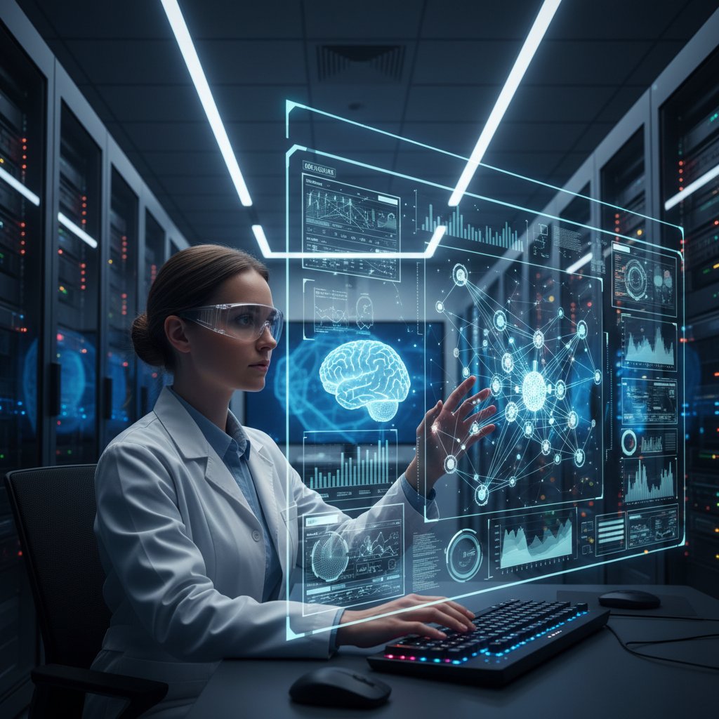 Inżynier analizujący dane z sieci neuronowych na ekranie komputera