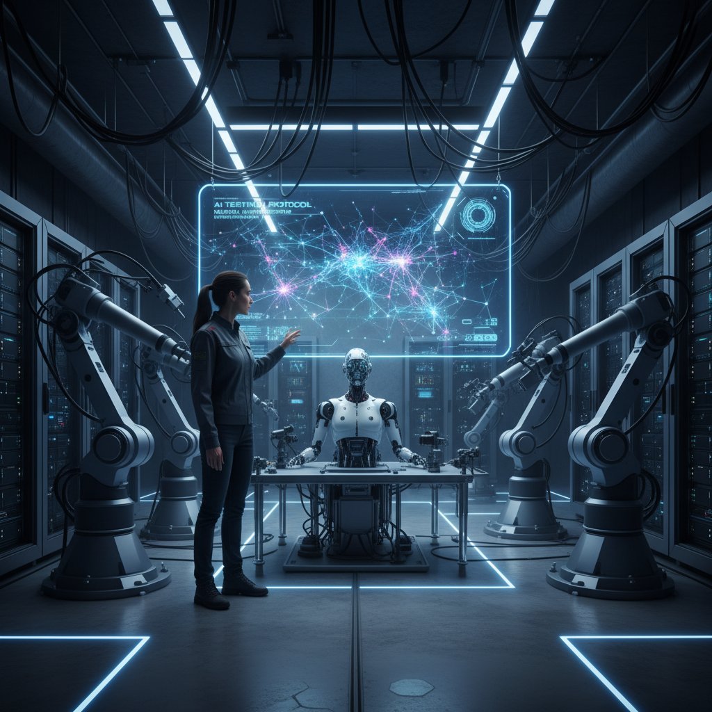 Inżynier testujący sieć neuronową na ekranie, nowoczesne laboratorium AI