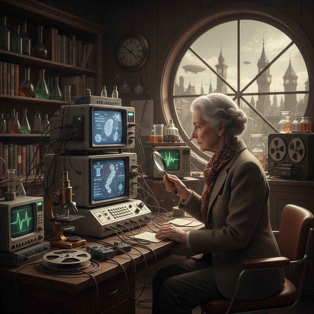 Stara fotografia inżyniera analizującego pierwsze algorytmy komputerowe do rozpoznawania obrazu, retro laboratorium, historyczny klimat