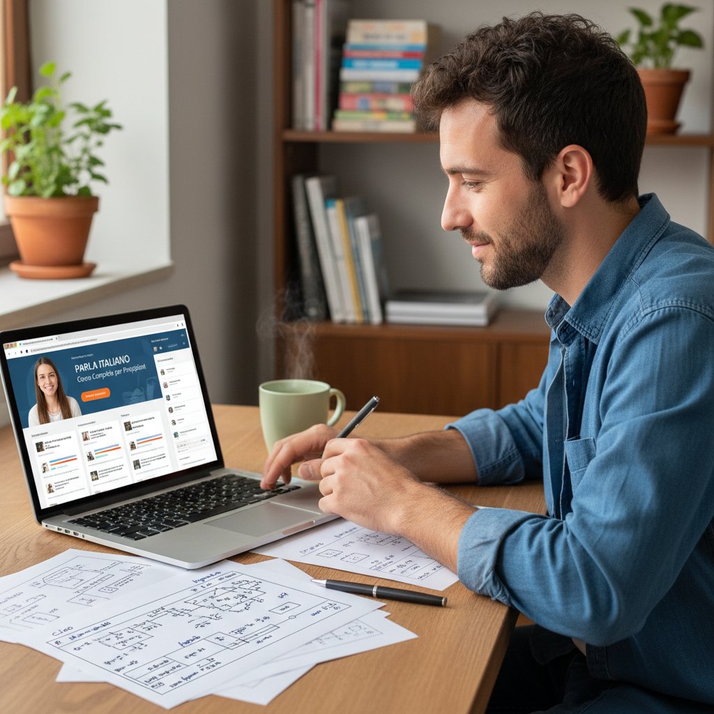 Inżynier podczas kursu włoskiego technicznego online, skupiony przy laptopie z notatkami technicznymi